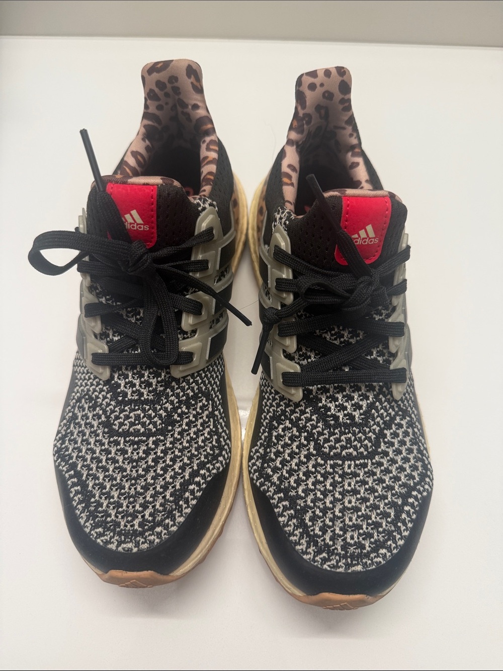 adidas Women's Black, Cream & Red Knit Running Sneakers with Leopard Collar
